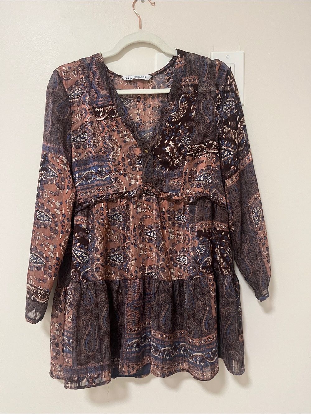 Paisley V-Neck Tiered Mini Dress - Brown & Navy
